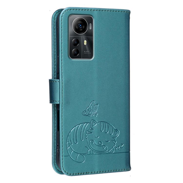 For ZTE Optus X Max Australia Cat Butterfly Embossed RFID Vegan Leather Phone Case with Strap