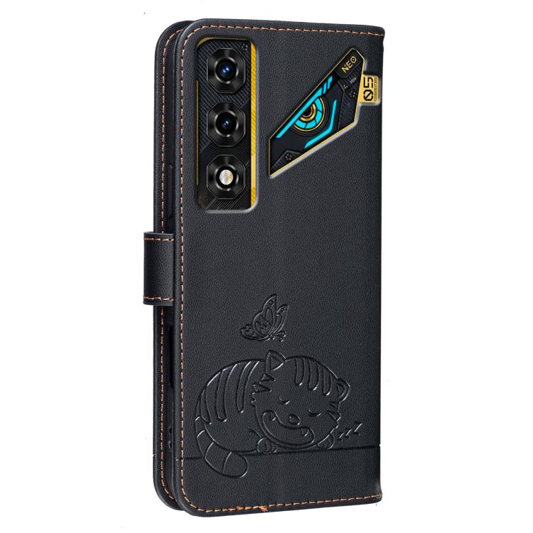 For ZTE nubia Neo 5 Pro 5G Cat Butterfly Embossed RFID Vegan Leather Phone Case with Strap