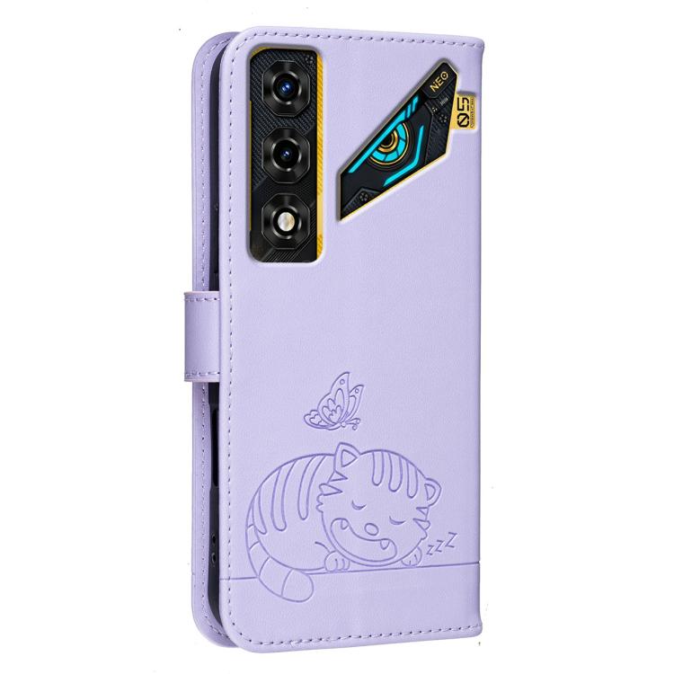 For ZTE nubia Neo 5 Pro 5G Cat Butterfly Embossed RFID Vegan Leather Phone Case with Strap