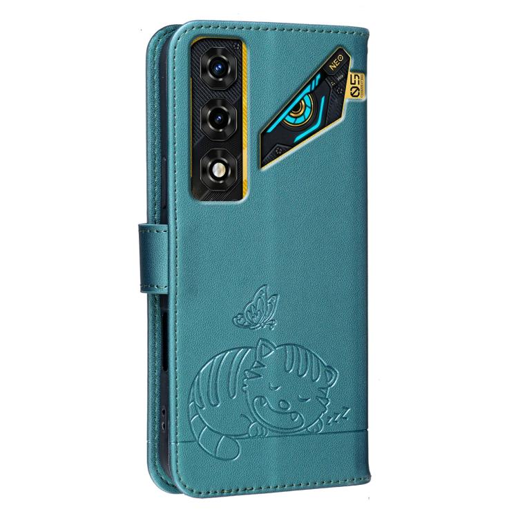 For ZTE nubia Neo 5 Pro 5G Cat Butterfly Embossed RFID Vegan Leather Phone Case with Strap