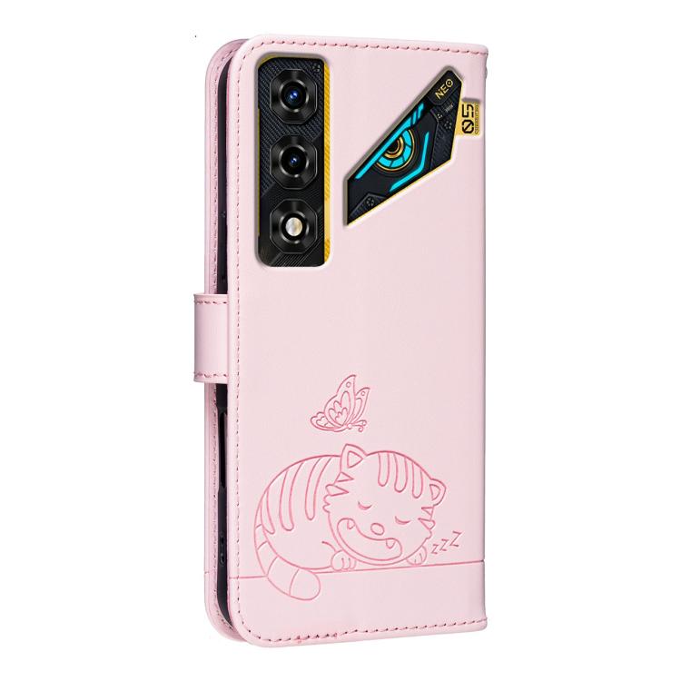 For ZTE nubia Neo 5 5G Cat Butterfly Embossed RFID Vegan Leather Phone Case with Strap