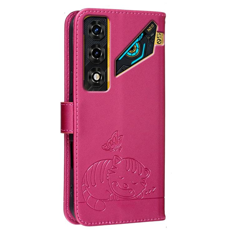 For ZTE nubia Neo 5 5G Cat Butterfly Embossed RFID Vegan Leather Phone Case with Strap