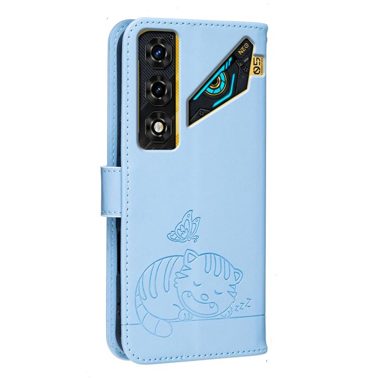 For ZTE nubia Neo 5 5G Cat Butterfly Embossed RFID Vegan Leather Phone Case with Strap