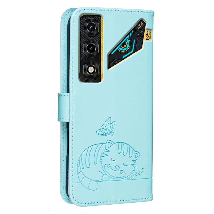 For ZTE nubia Neo 5 5G Cat Butterfly Embossed RFID Vegan Leather Phone Case with Strap