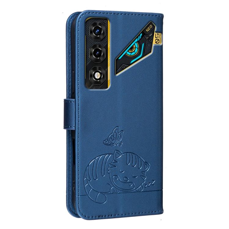 For ZTE nubia Neo 5 5G Cat Butterfly Embossed RFID Vegan Leather Phone Case with Strap