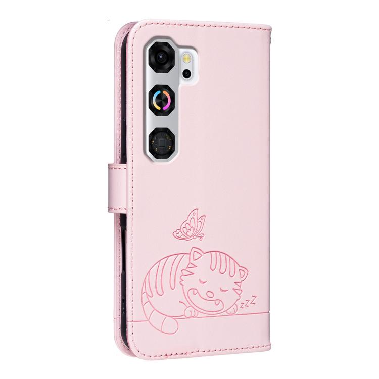 For ZTE nubia Neo 5 GT 5G Cat Butterfly Embossed RFID Vegan Leather Phone Case with Strap