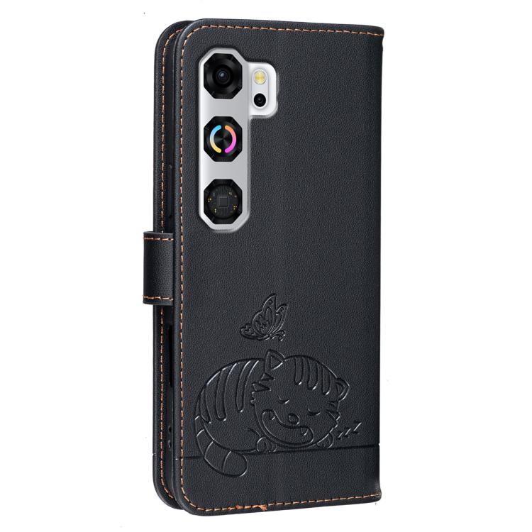 For ZTE nubia Neo 5 GT 5G Cat Butterfly Embossed RFID Vegan Leather Phone Case with Strap