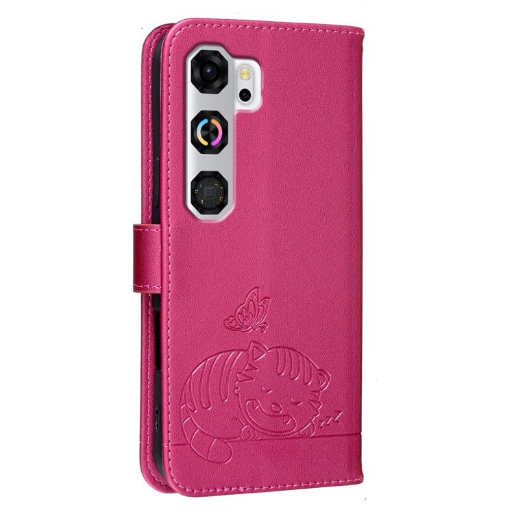 For ZTE nubia Neo 5 GT 5G Cat Butterfly Embossed RFID Vegan Leather Phone Case with Strap