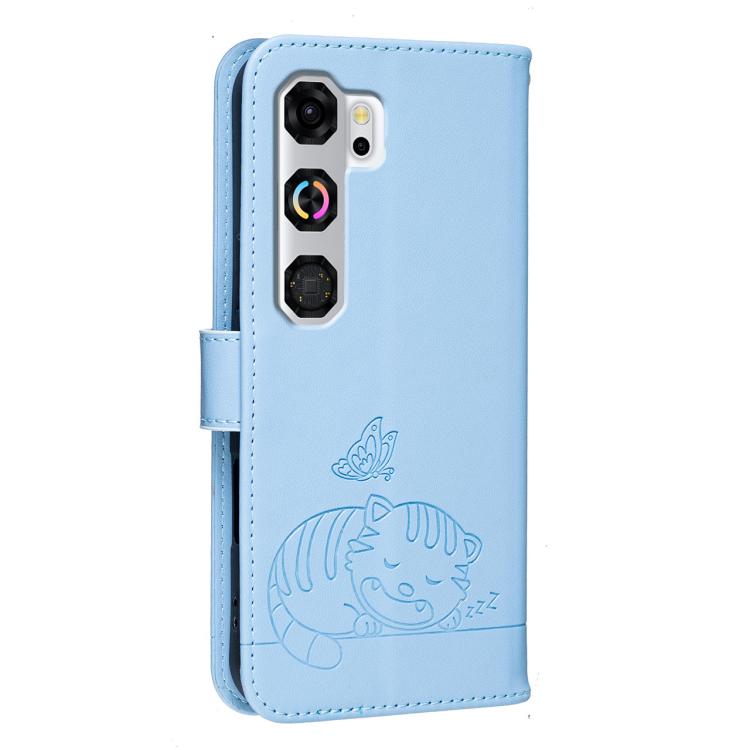 For ZTE nubia Neo 5 GT 5G Cat Butterfly Embossed RFID Vegan Leather Phone Case with Strap