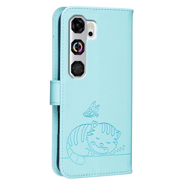 For ZTE nubia Neo 5 GT 5G Cat Butterfly Embossed RFID Vegan Leather Phone Case with Strap