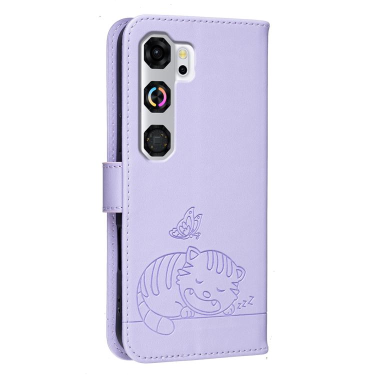 For ZTE nubia Neo 5 GT 5G Cat Butterfly Embossed RFID Vegan Leather Phone Case with Strap