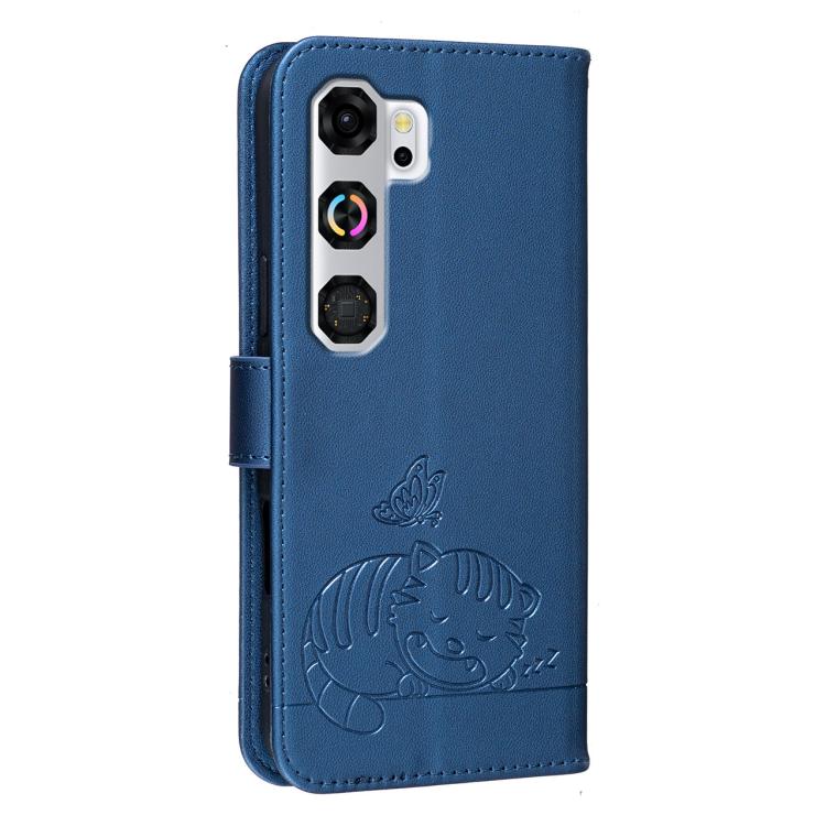 For ZTE nubia Neo 5 GT 5G Cat Butterfly Embossed RFID Vegan Leather Phone Case with Strap