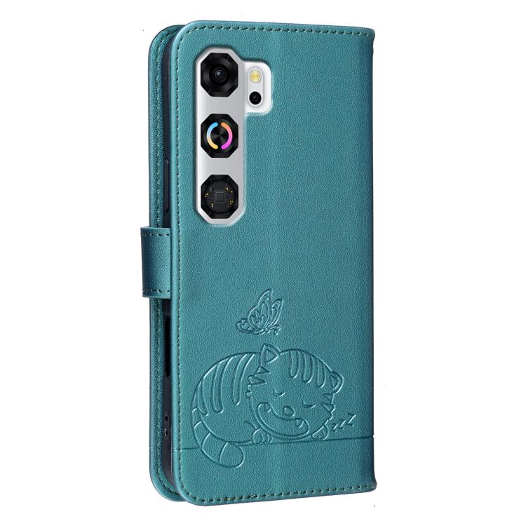 For ZTE nubia Neo 5 GT 5G Cat Butterfly Embossed RFID Vegan Leather Phone Case with Strap