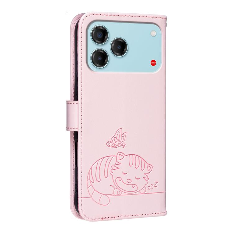For ZTE Blade V80 Vita Cat Butterfly Embossed RFID Vegan Leather Phone Case with Strap