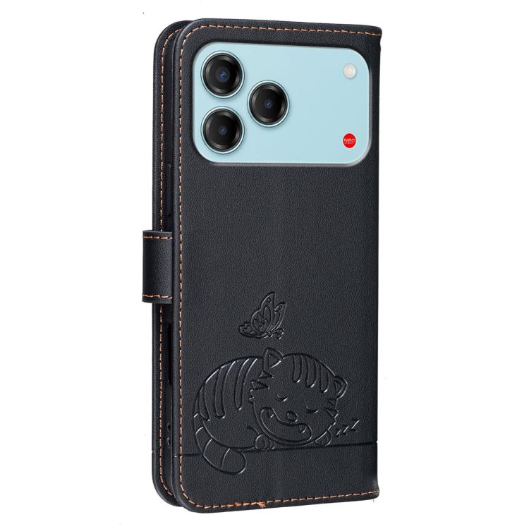 For ZTE Blade V80 Vita Cat Butterfly Embossed RFID Vegan Leather Phone Case with Strap