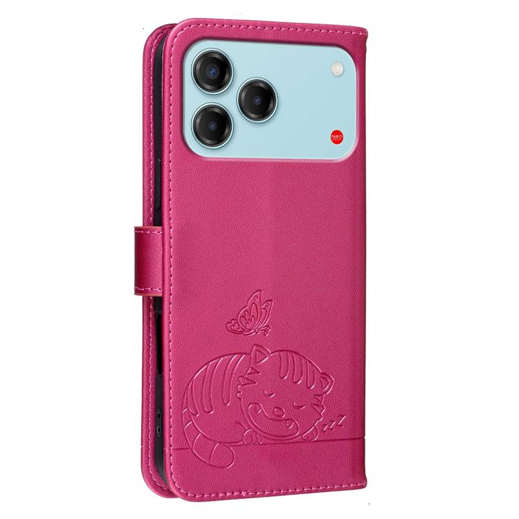 For ZTE Blade V80 Vita Cat Butterfly Embossed RFID Vegan Leather Phone Case with Strap