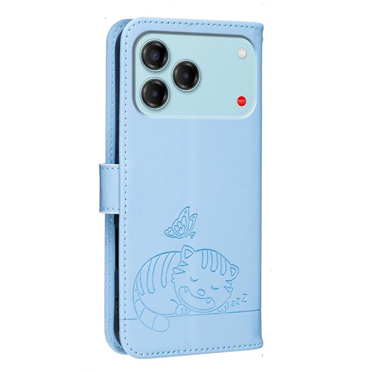 For ZTE Blade V80 Vita Cat Butterfly Embossed RFID Vegan Leather Phone Case with Strap