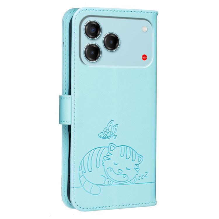 For ZTE Blade V80 Vita Cat Butterfly Embossed RFID Vegan Leather Phone Case with Strap