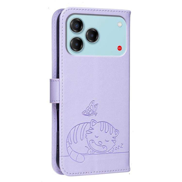 For ZTE Blade V80 Vita Cat Butterfly Embossed RFID Vegan Leather Phone Case with Strap