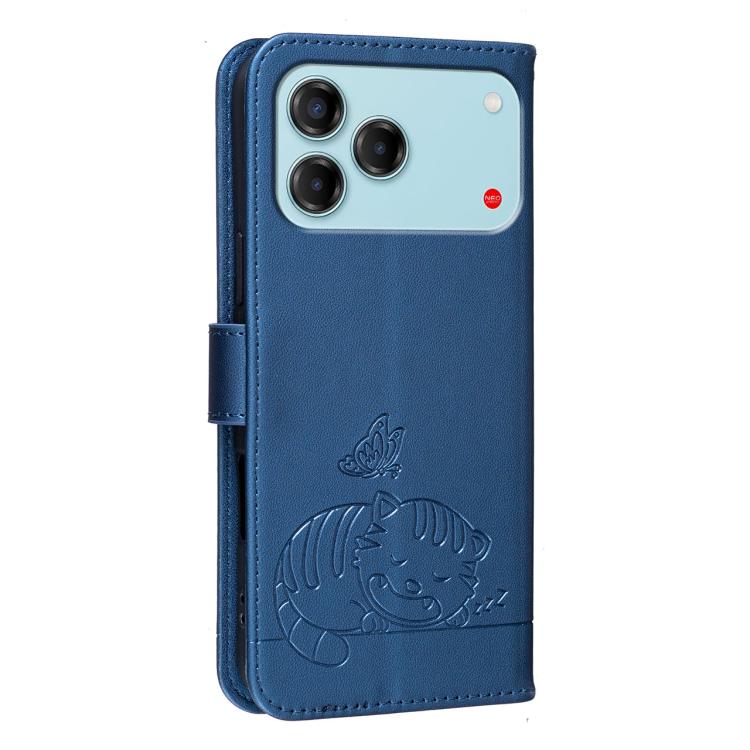 For ZTE Blade V80 Vita Cat Butterfly Embossed RFID Vegan Leather Phone Case with Strap