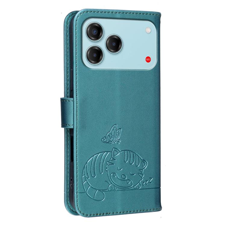 For ZTE Blade V80 Vita Cat Butterfly Embossed RFID Vegan Leather Phone Case with Strap