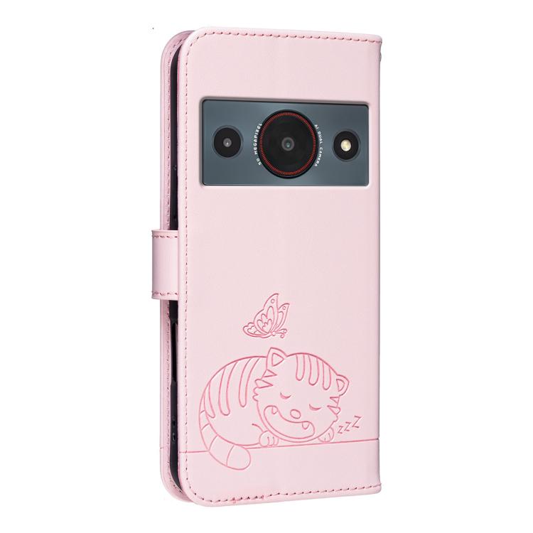 For ZTE A75 Pro / Telstra T-Elite 5G Cat Butterfly Embossed RFID Vegan Leather Phone Case with Strap
