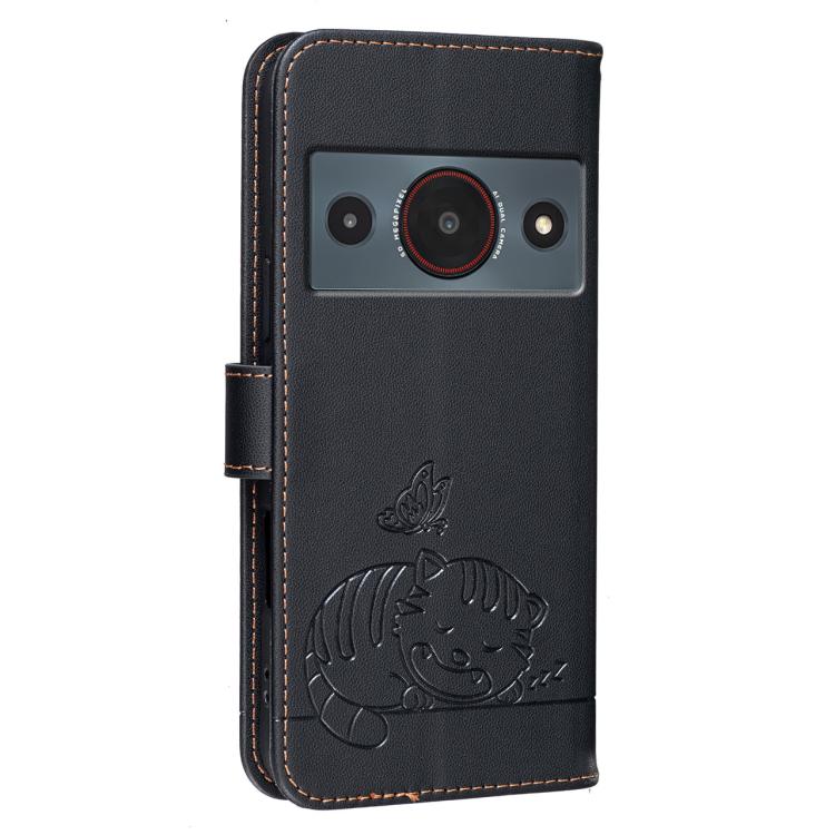 For ZTE A75 Pro / Telstra T-Elite 5G Cat Butterfly Embossed RFID Vegan Leather Phone Case with Strap