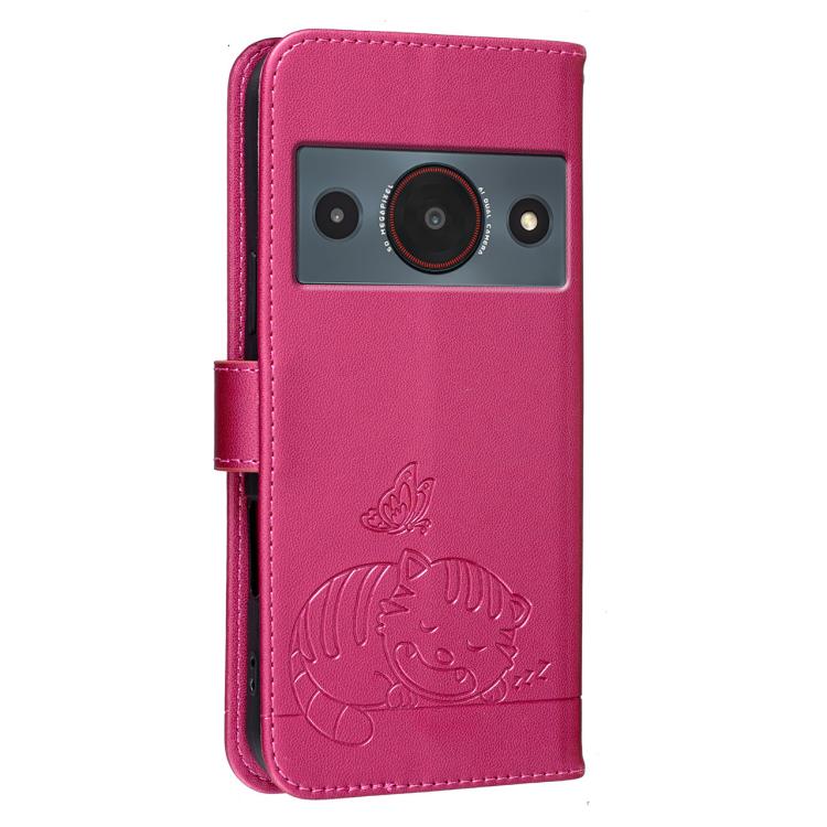 For ZTE A75 Pro / Telstra T-Elite 5G Cat Butterfly Embossed RFID Vegan Leather Phone Case with Strap
