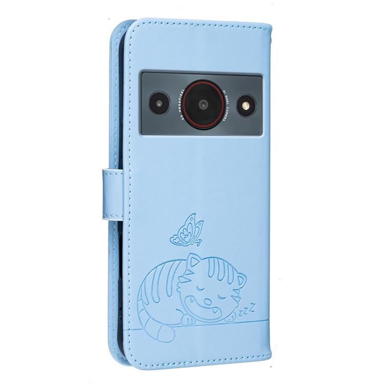 For ZTE A75 Pro / Telstra T-Elite 5G Cat Butterfly Embossed RFID Vegan Leather Phone Case with Strap