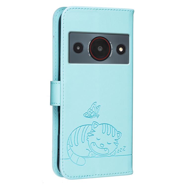 For ZTE A75 Pro / Telstra T-Elite 5G Cat Butterfly Embossed RFID Vegan Leather Phone Case with Strap