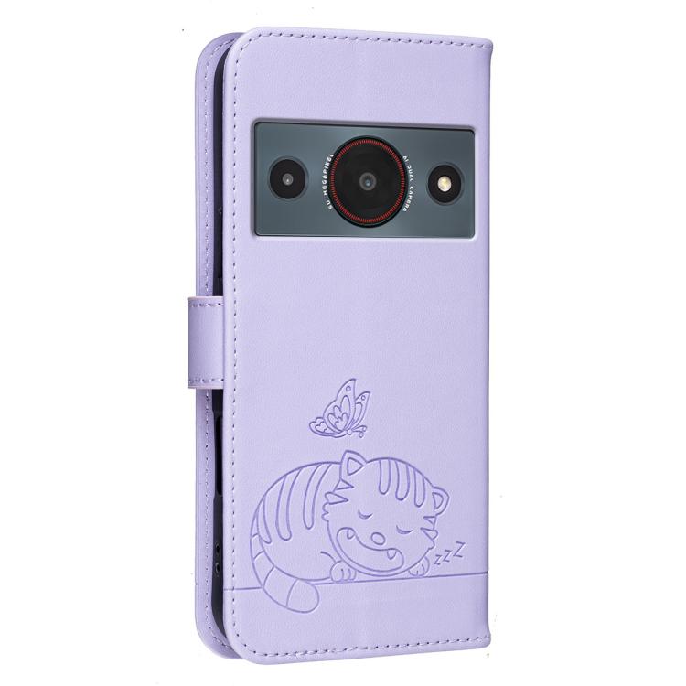 For ZTE A75 Pro / Telstra T-Elite 5G Cat Butterfly Embossed RFID Vegan Leather Phone Case with Strap
