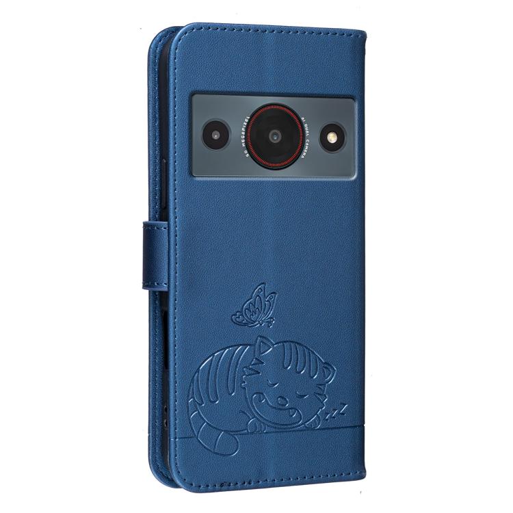 For ZTE A75 Pro / Telstra T-Elite 5G Cat Butterfly Embossed RFID Vegan Leather Phone Case with Strap