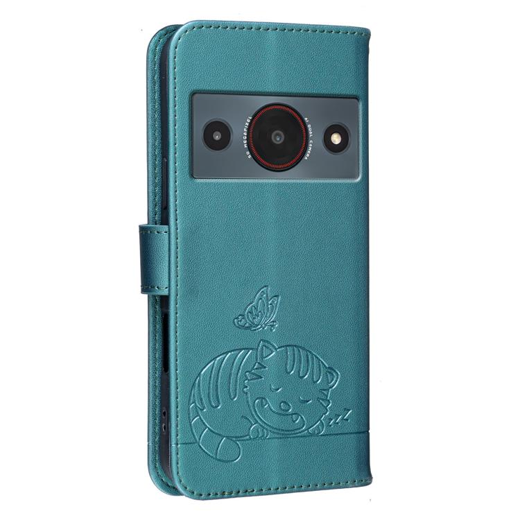 For ZTE A75 Pro / Telstra T-Elite 5G Cat Butterfly Embossed RFID Vegan Leather Phone Case with Strap