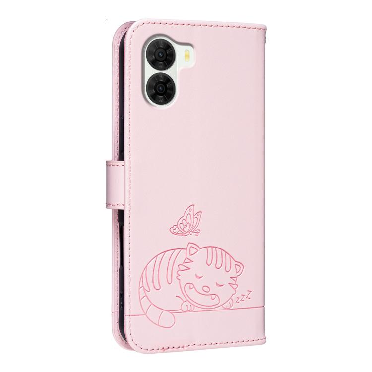 For ZTE S2 504ZT Cat Butterfly Embossed RFID Vegan Leather Phone Case with Strap