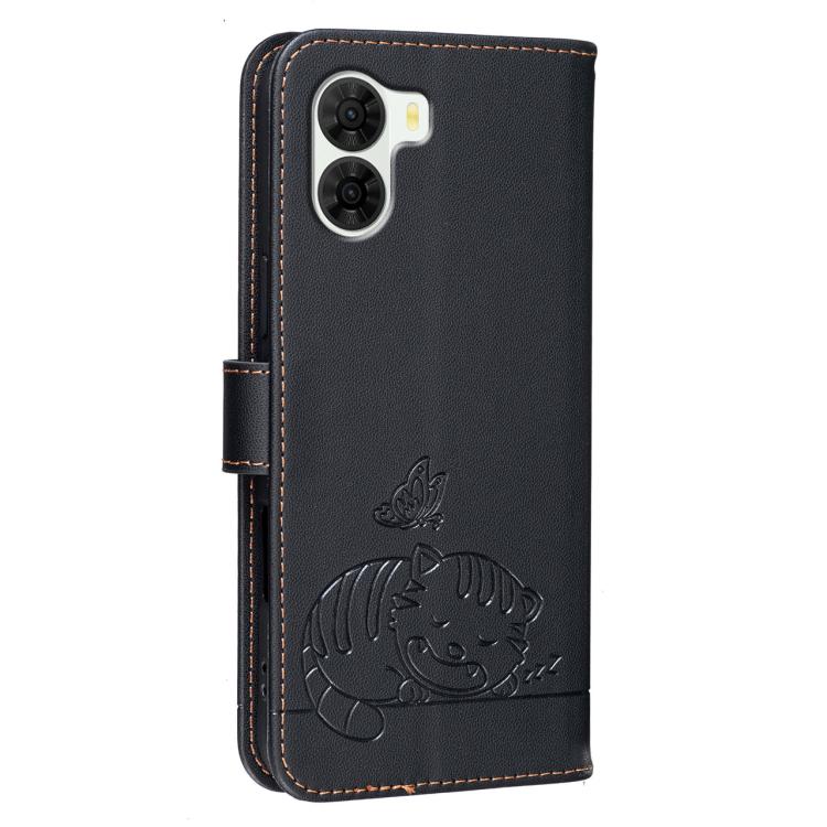 For ZTE S2 504ZT Cat Butterfly Embossed RFID Vegan Leather Phone Case with Strap