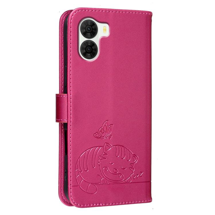 For ZTE S2 504ZT Cat Butterfly Embossed RFID Vegan Leather Phone Case with Strap