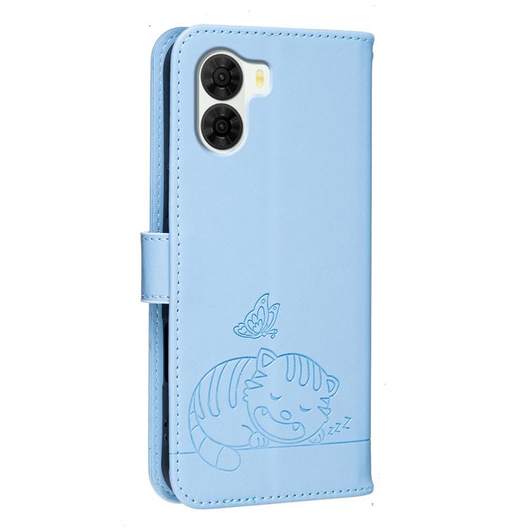For ZTE S2 504ZT Cat Butterfly Embossed RFID Vegan Leather Phone Case with Strap