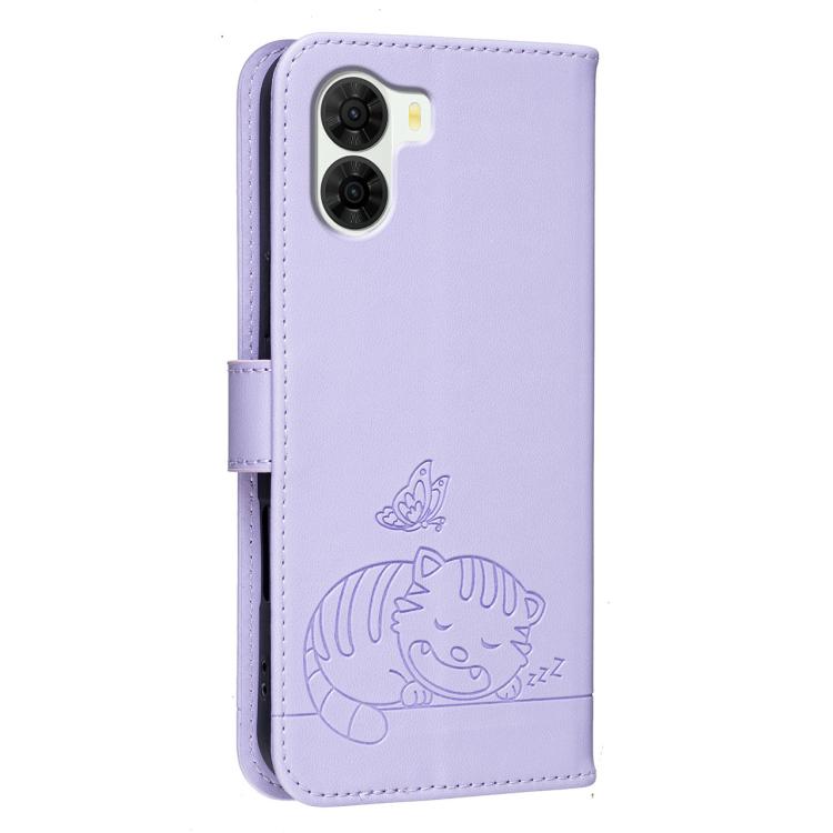 For ZTE S2 504ZT Cat Butterfly Embossed RFID Vegan Leather Phone Case with Strap