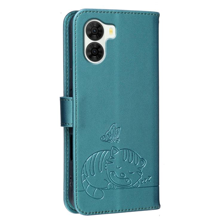 For ZTE S2 504ZT Cat Butterfly Embossed RFID Vegan Leather Phone Case with Strap