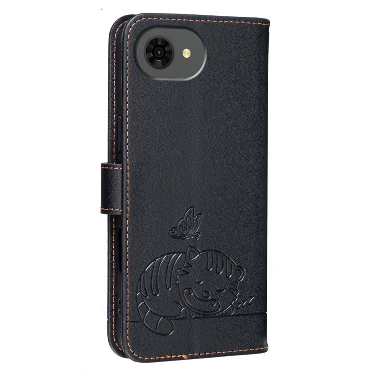 For ZTE nubia s2e Cat Butterfly Embossed RFID Vegan Leather Phone Case with Strap