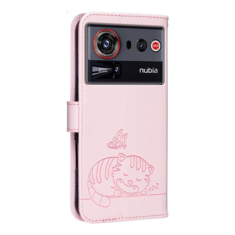 For ZTE nubia Z80 Ultra Cat Butterfly Embossed RFID Vegan Leather Phone Case with Strap