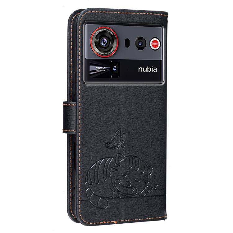 For ZTE nubia Z80 Ultra Cat Butterfly Embossed RFID Vegan Leather Phone Case with Strap