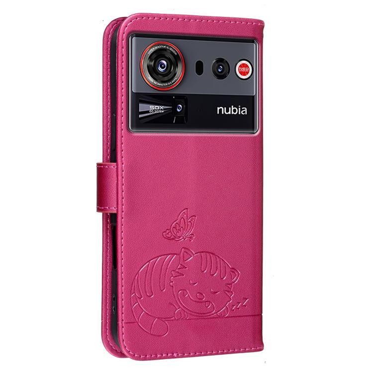 For ZTE nubia Z80 Ultra Cat Butterfly Embossed RFID Vegan Leather Phone Case with Strap