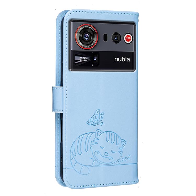 For ZTE nubia Z80 Ultra Cat Butterfly Embossed RFID Vegan Leather Phone Case with Strap