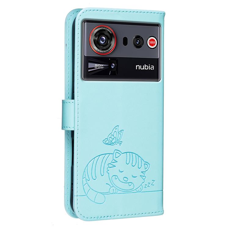 For ZTE nubia Z80 Ultra Cat Butterfly Embossed RFID Vegan Leather Phone Case with Strap