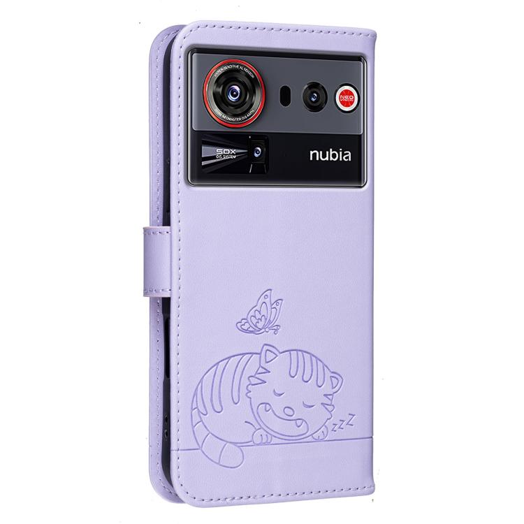 For ZTE nubia Z80 Ultra Cat Butterfly Embossed RFID Vegan Leather Phone Case with Strap