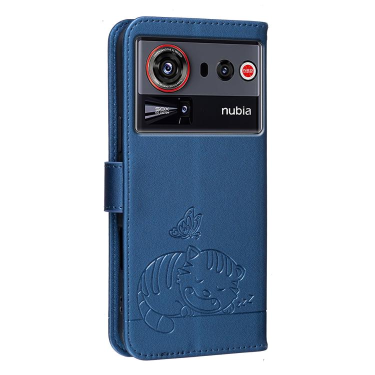 For ZTE nubia Z80 Ultra Cat Butterfly Embossed RFID Vegan Leather Phone Case with Strap