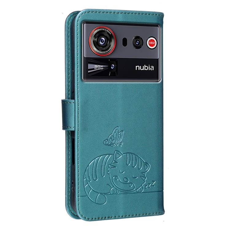 For ZTE nubia Z80 Ultra Cat Butterfly Embossed RFID Vegan Leather Phone Case with Strap