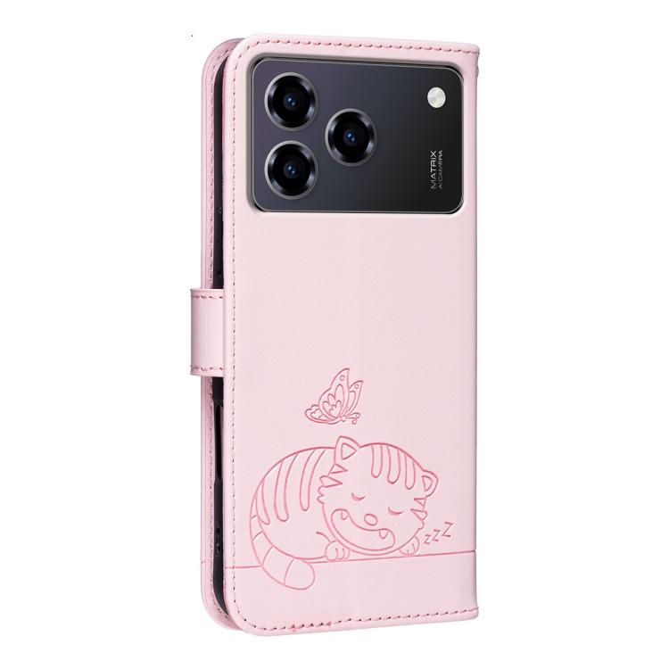 For ZTE Blade A76 4G Cat Butterfly Embossed RFID Vegan Leather Phone Case with Strap