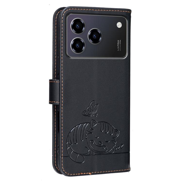 For ZTE Blade A76 4G Cat Butterfly Embossed RFID Vegan Leather Phone Case with Strap